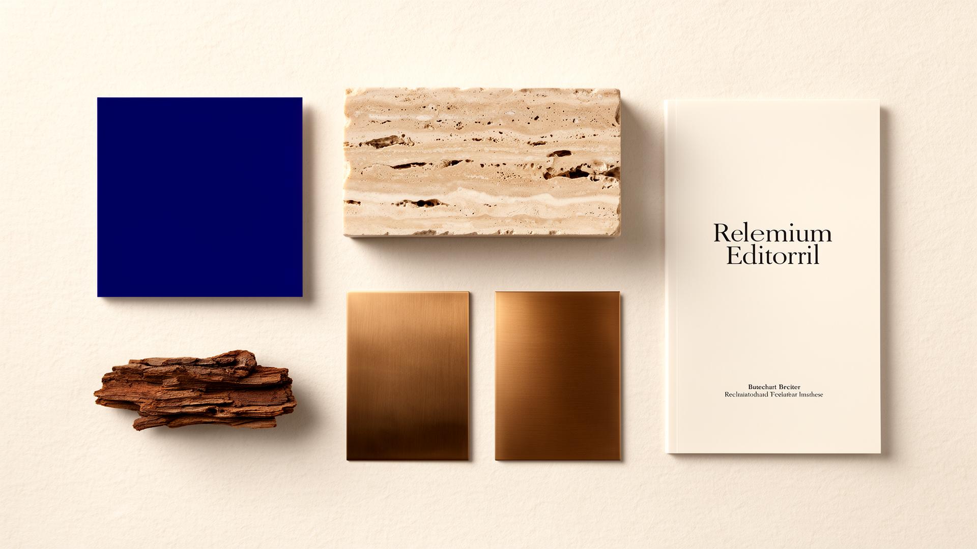 The brand and material system: blue, travertine, bronze, reclaimed timber, editorial print.