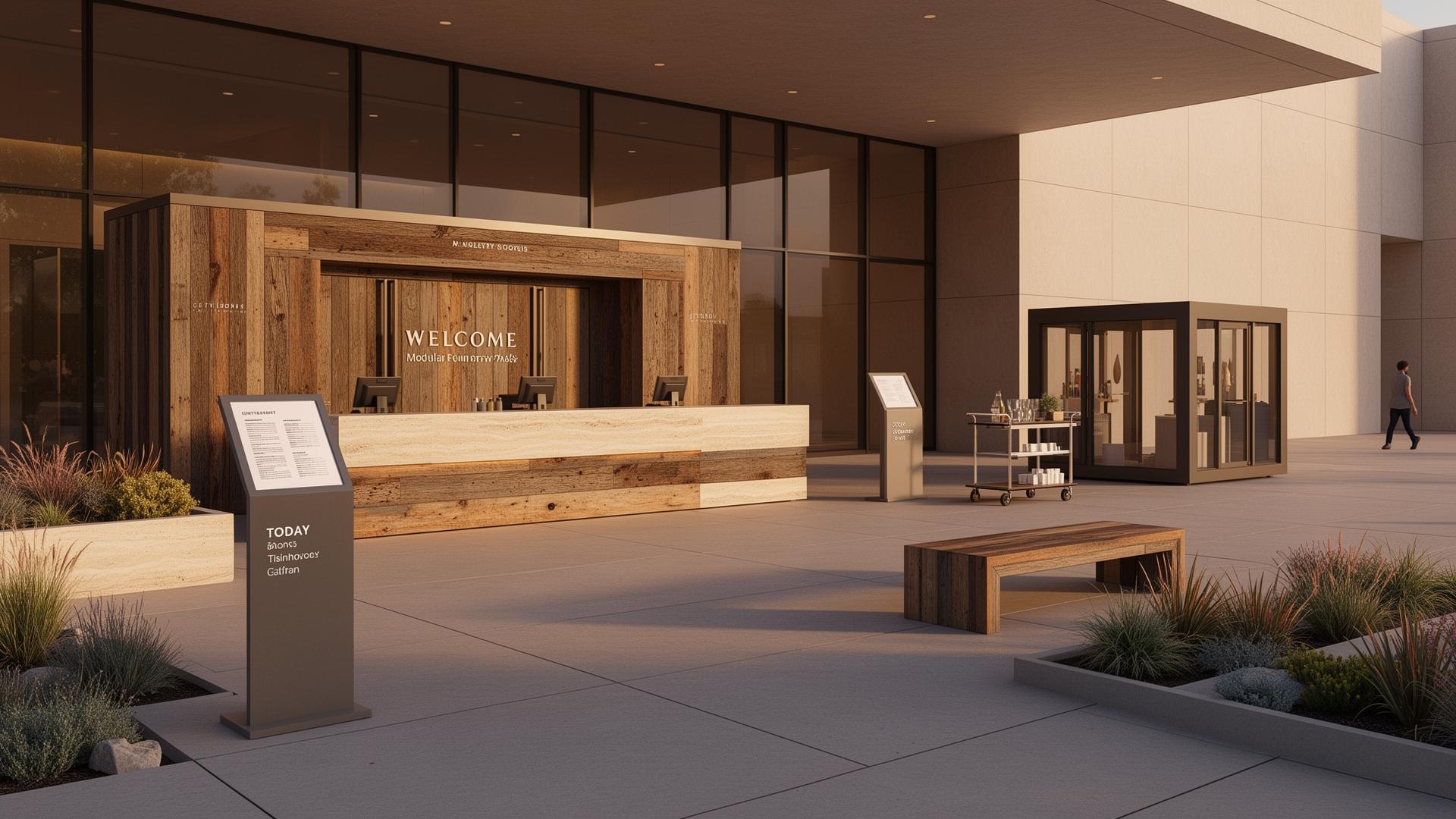 The full modular front-of-house system at a Getty-inspired entry plaza.
