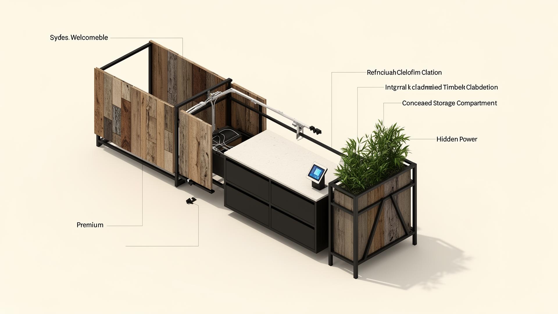 Exploded axonometric of the modular welcome desk